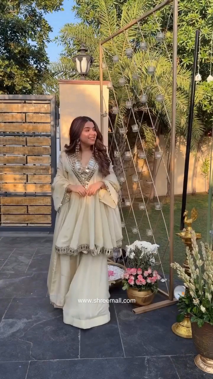 Elegant Beige Embellished Sharara Set with Flowy Kurta